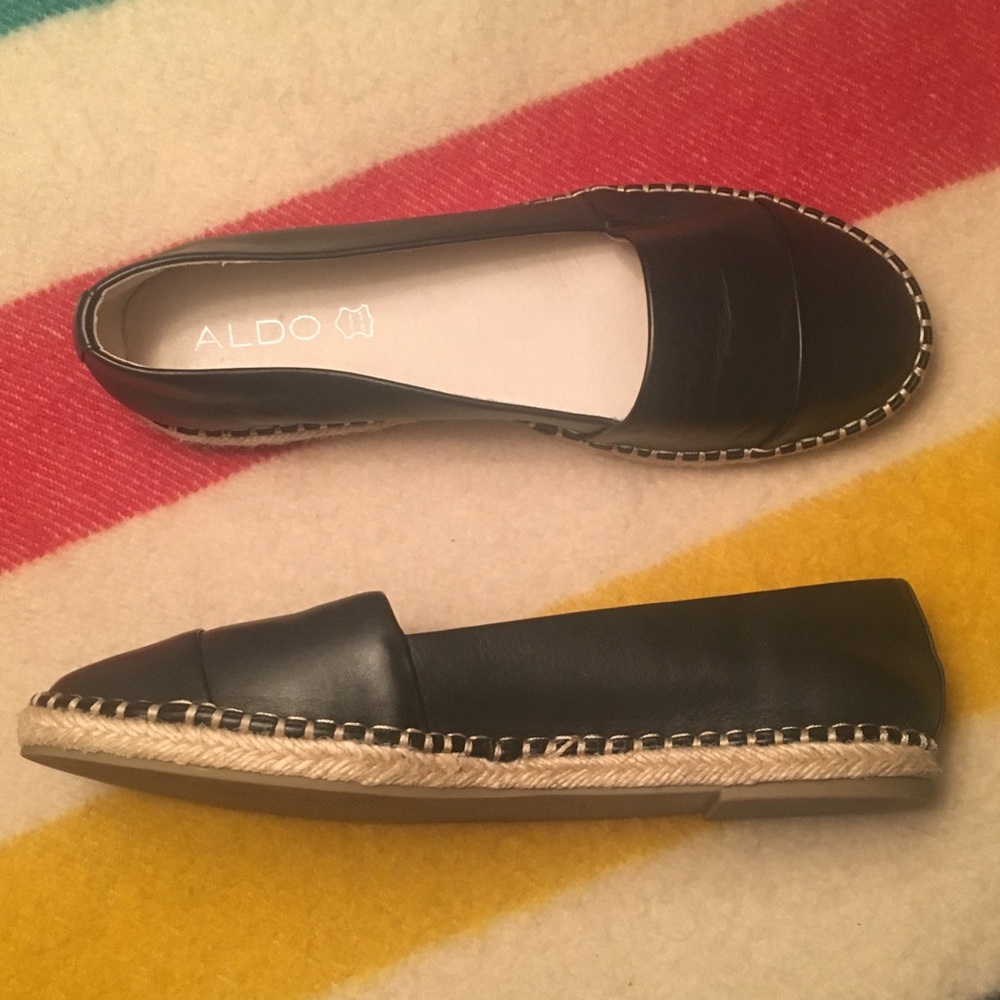 ALDO - Black Leather Espadrille Flats